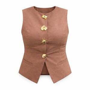 Sleeveless Tailored Blazer Vest Waistcoat Gold Statement Buttons
